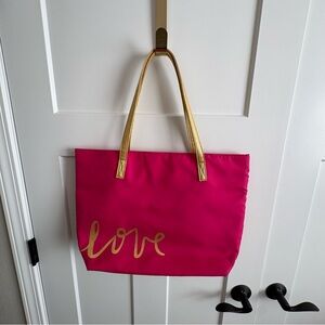 hot pink "Love" tote bag with gold handles, like new! School, Teacher, valentine